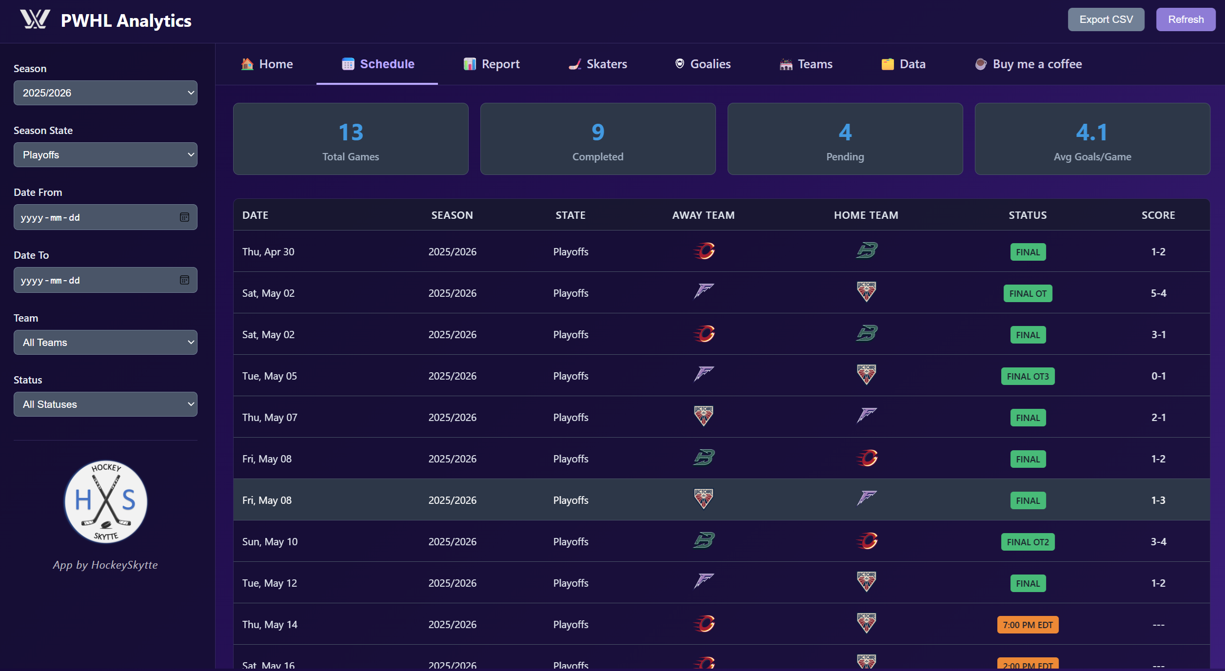 Schedule page screenshot